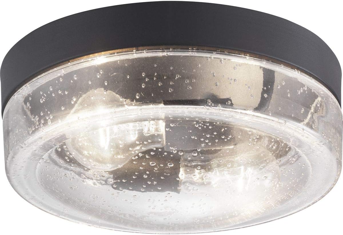 Progress Lighting Weldon Collection 2-Light Clear Seeded Glass Farmhouse Outdoor Ceiling Flush Mount Light Textured Black