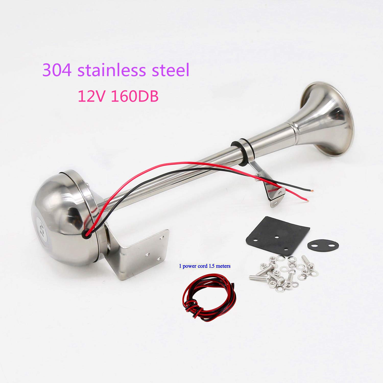 Car Horn Cuerno de coche 12V Cuerno de trompeta de barco marino Cuerno de camión 160DB acero inoxidable 304 Cuerno de coche eléctrico Plata con soporte de montaje Acero inoxidable