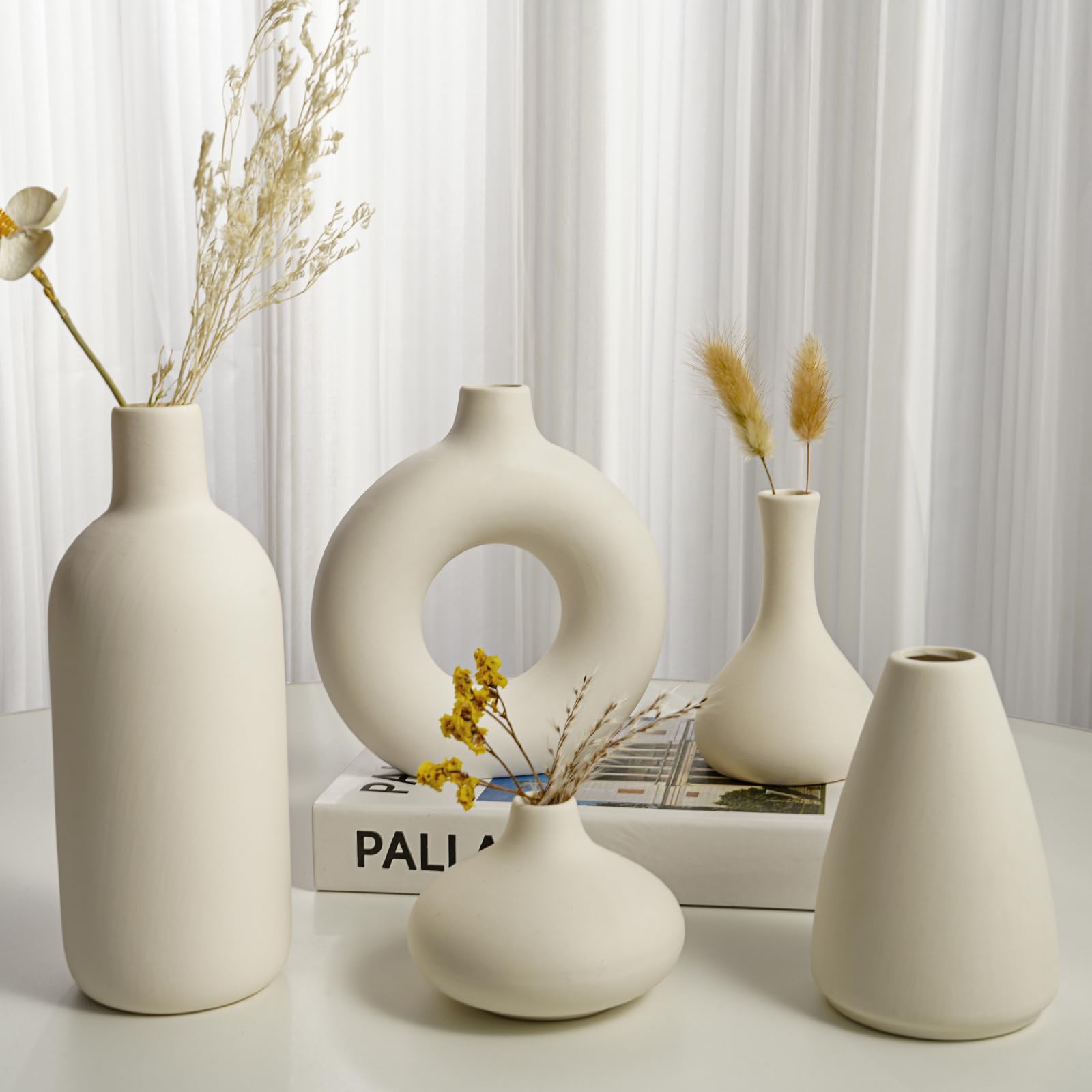 Juego de 10 jarrones pequeños de cerámica blanca a granel, modernos jarrones bohemios para hierba de las pampas, flores, jarrones decorativos de cerámica blanca para decoración del hogar, decoración 4
