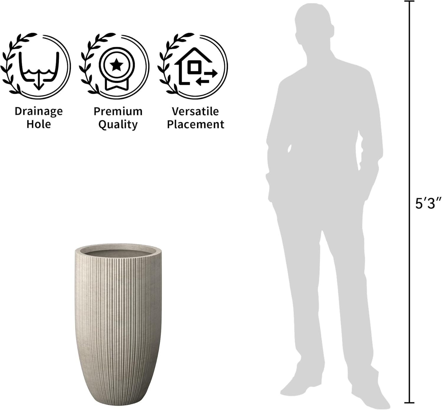 Kante 24 Inch Tall Round Concrete Planter, Large Plant Pots with Drainage Hole for Indoor Outdoor Plants, Modern Decor for Garden, Home, Patio, Porch, Weathered Concrete