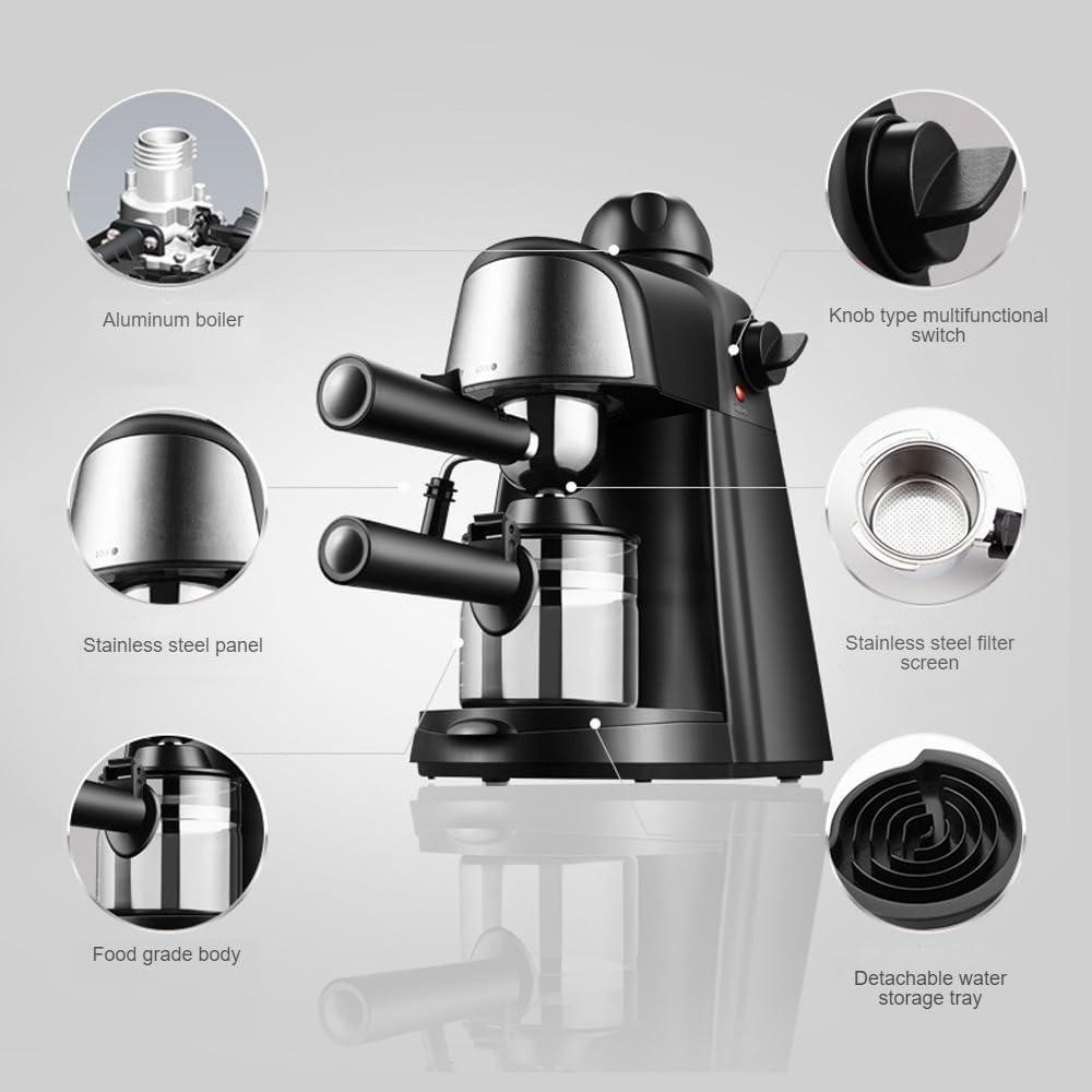 Cafetera Máquina de café espresso 5 barras 2-4 tazas 240 ml de capacidad 800 W Cafetera espresso con vaporizador de leche vaporizador Varita para capuchino Latte Macchiato Mocha