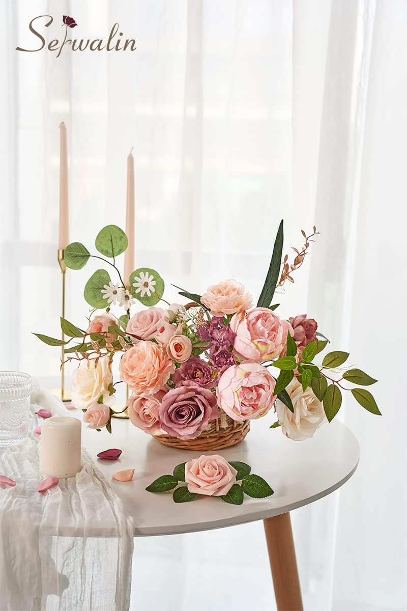 Serwalin Artificial Flowers Pink Wedding Cake Flowers, Fake Dusty Roses Peonies for Bouquets Table Centerpieces Wedding Home Decor, Baby Shower Party Flowers with Stems DIY Combo - Image 8