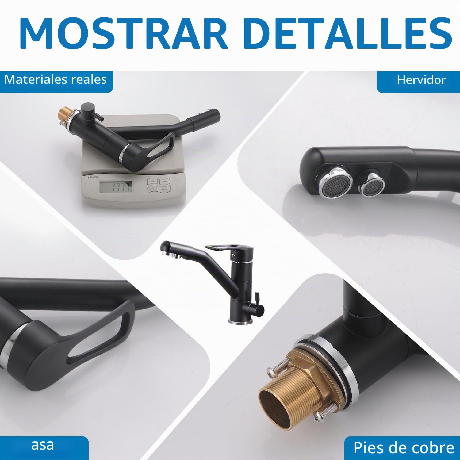 Grifo de cocina de 3 vías, grifo de cocina giratorio 360°, grifo de fregadero con caño flexible, G3/8 pulgadas (grifo de triple conexión con filtro de agua, negro)