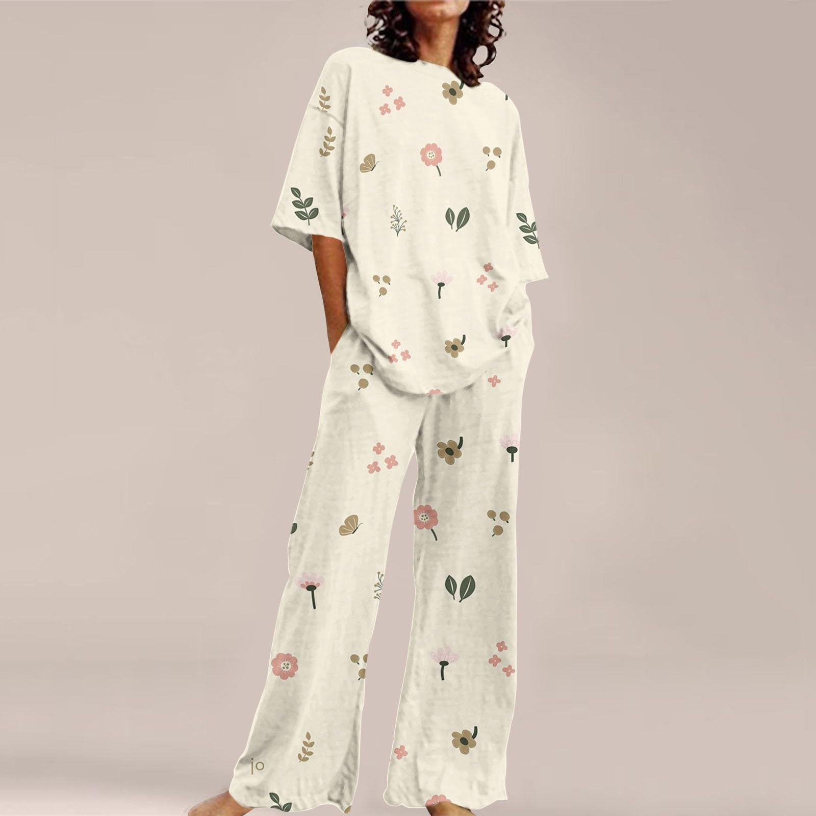 Genérico Pantalones De Vestir Mujer Camiseta Holgada de Manga Corta con Cuello y Estampado Floral para Mujer, Conjunto de 2 Tallas Grandes con Pantalones Pijama Invierno Mujer Terciopelo