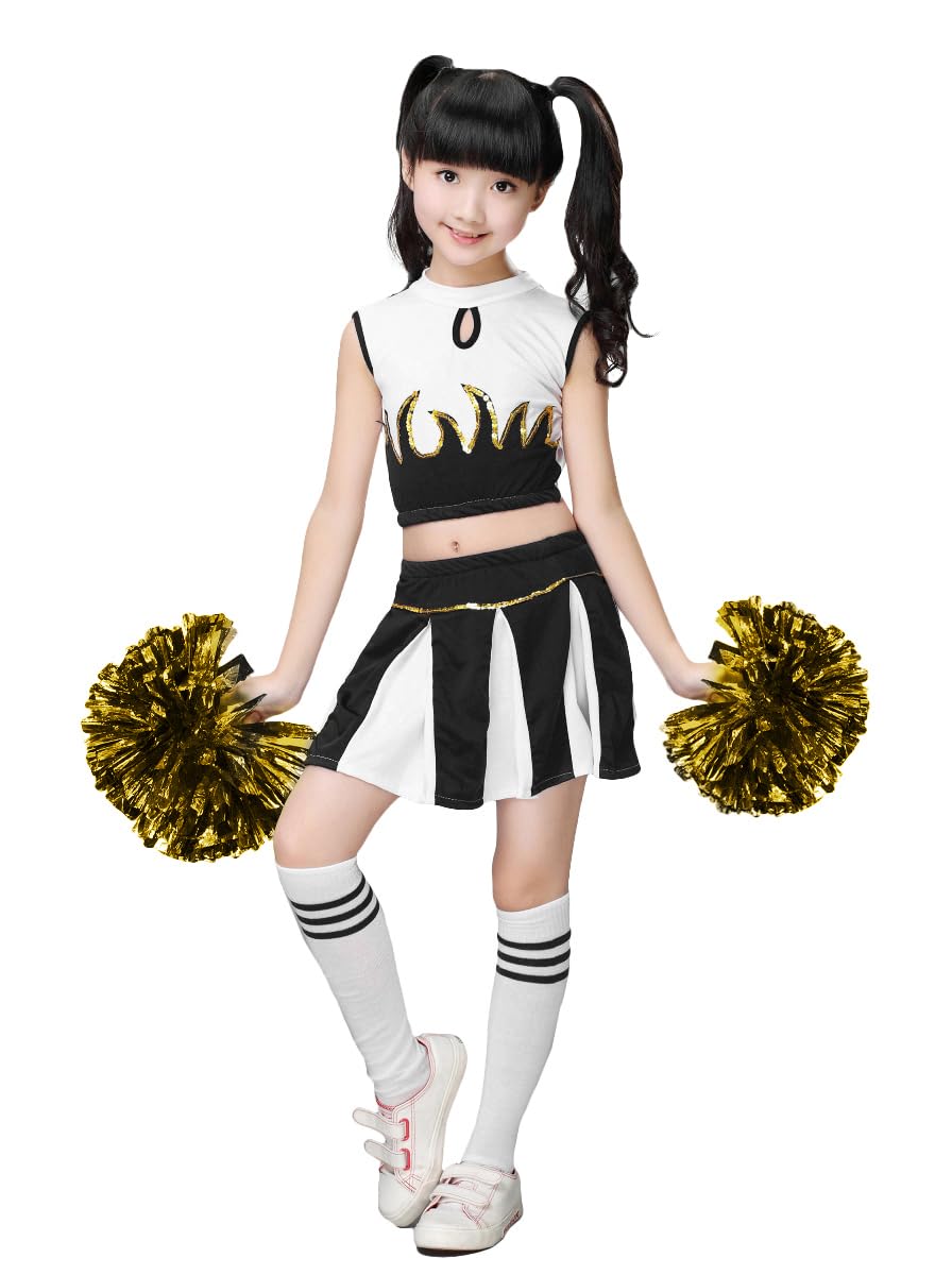 LOLANTA Girls Cheerleader Costume Cheerleading Children Dress Outfit Uniform with PomPoms(Black, 8-9 years, Tag Size 140) - Image 3