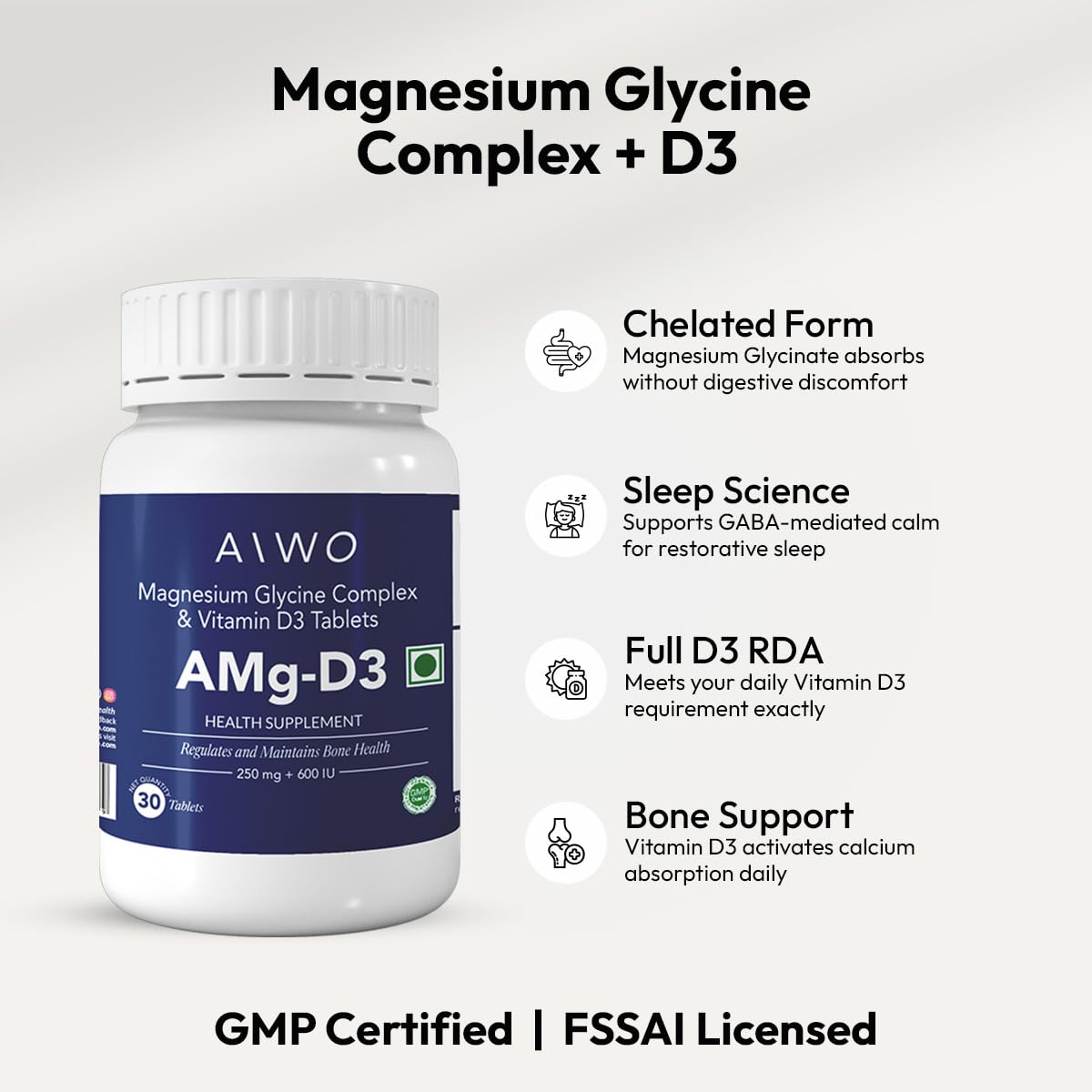 AIWO AMg-D3 Magnesium Glycinate 250 mg + Vitamin D3 600 IU Tablets | Supports Brain, Muscle, Bone & Overall Wellness | Vegetarian Supplement for Men & Women | Daily Use Formula | 30 Tablets — Amazon image 4