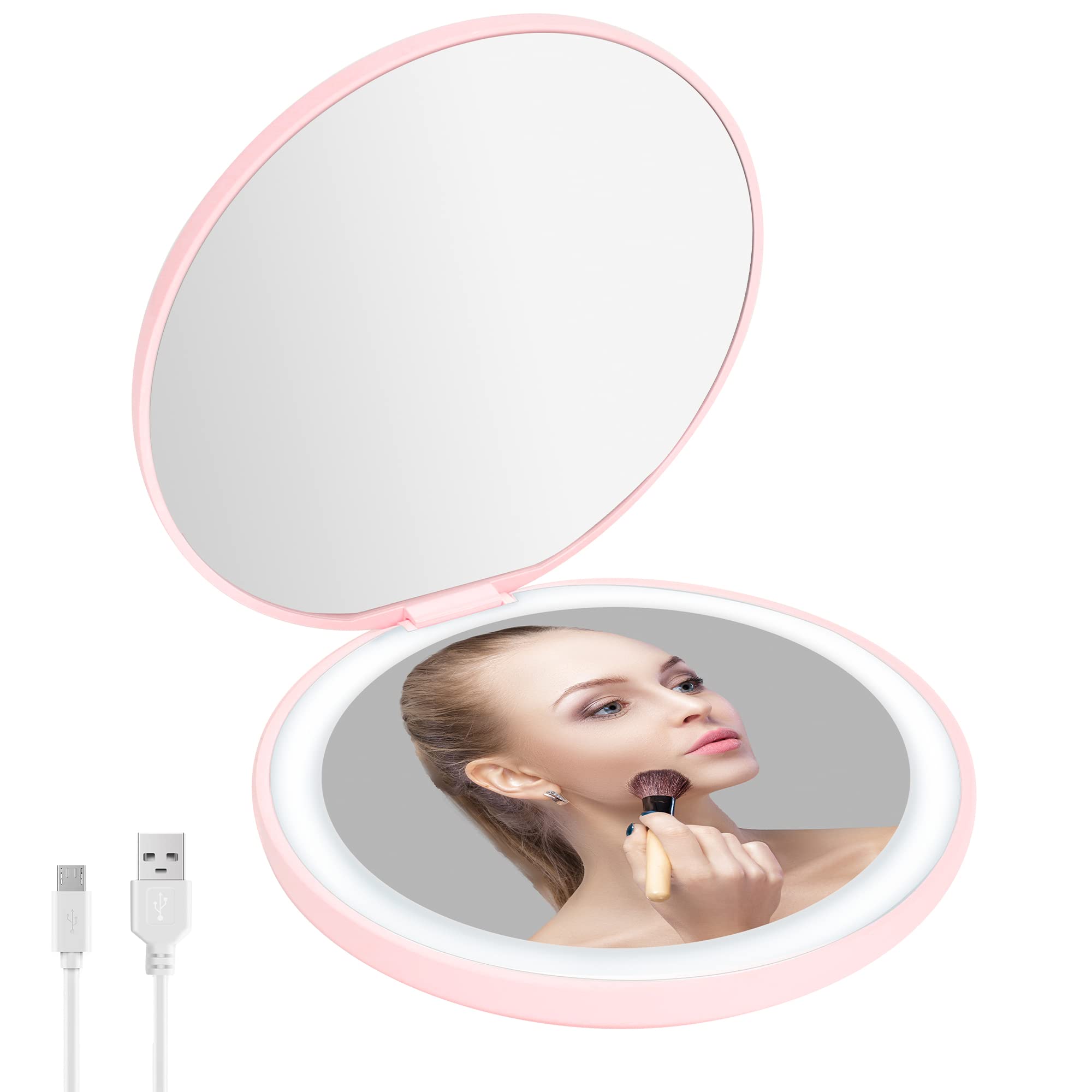ViLSOM Travel Mirror with Light,1X/5X Magnifying Compact Mirror Light 3.5-inch Folding Makeup Mirror Portable Handheld 2-Sided Mirror Idea Gift for Women-Pink