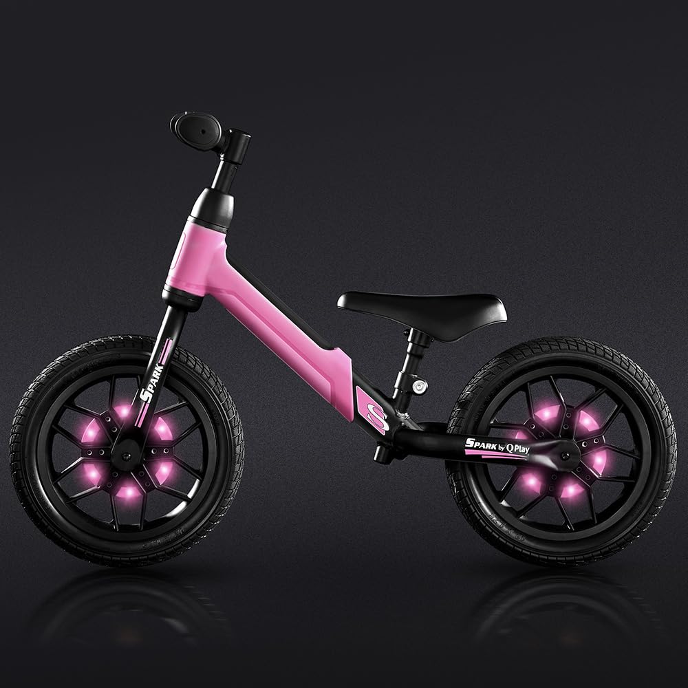 QPLAY Balance Bike Spark Vélo d'équilibre sans pédales avec éclairage LED à dynamo pour enfants de 3 à 6 ans - Réglable en hauteur - Charge maximale de 30 kg - Roues de 12"