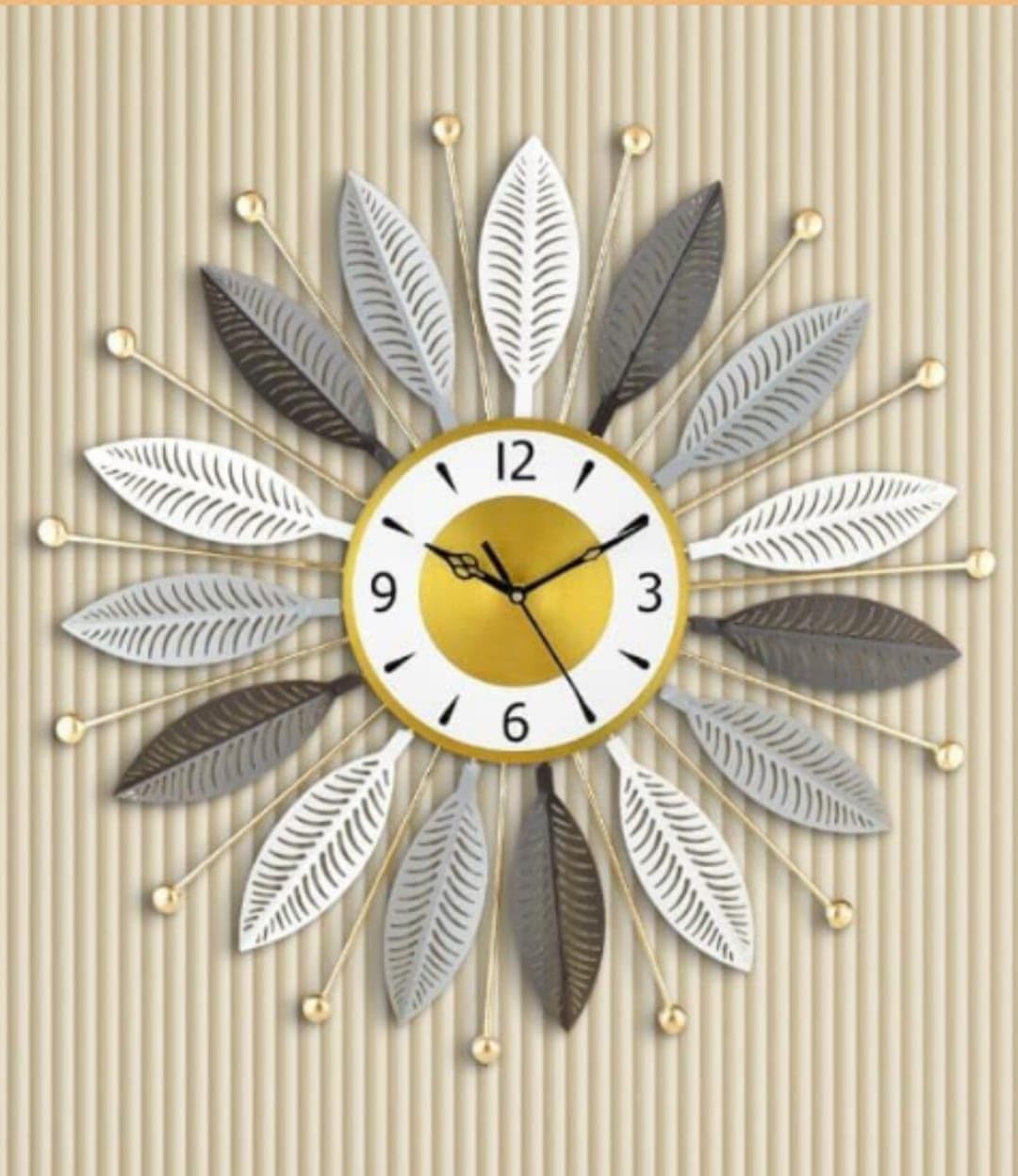 FUNTEREST Luxury Metal Wall Clock for Living Room | Decorative Sunburst Leaf Design Wall Clock | Silent Quartz Movement | Modern Home & Office Décor (55X55 Cm) (Gold, Grey & Brown)