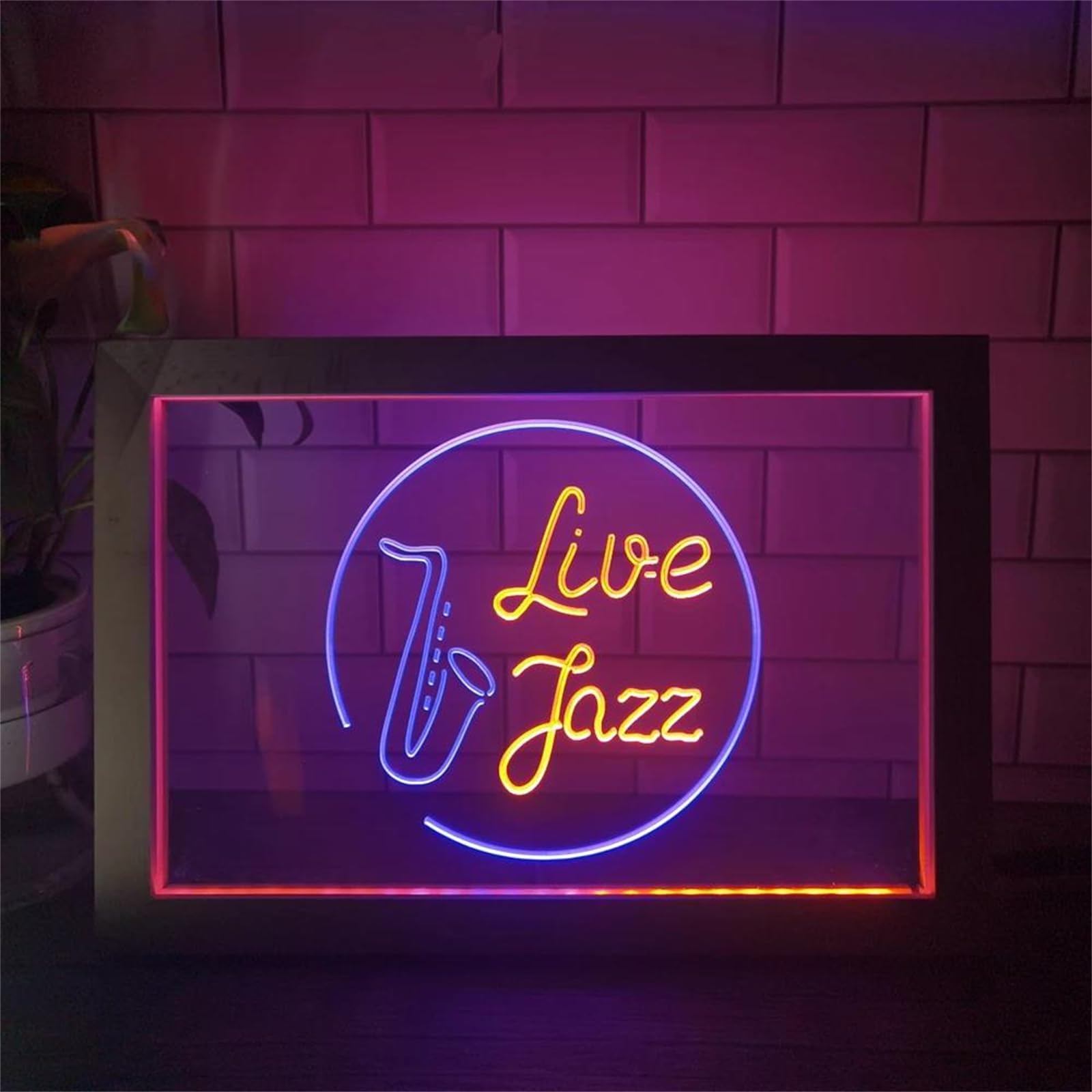 FINOTI Live Jazz Music Room Dual Color LED Neon Sign Photo Frame Creative Table Lamp Bedroom Desk Wood 3D Night Light Bedroom Bar Bar Club Teen Room Art Music Lover Gifts With Switch,C,32x22cm