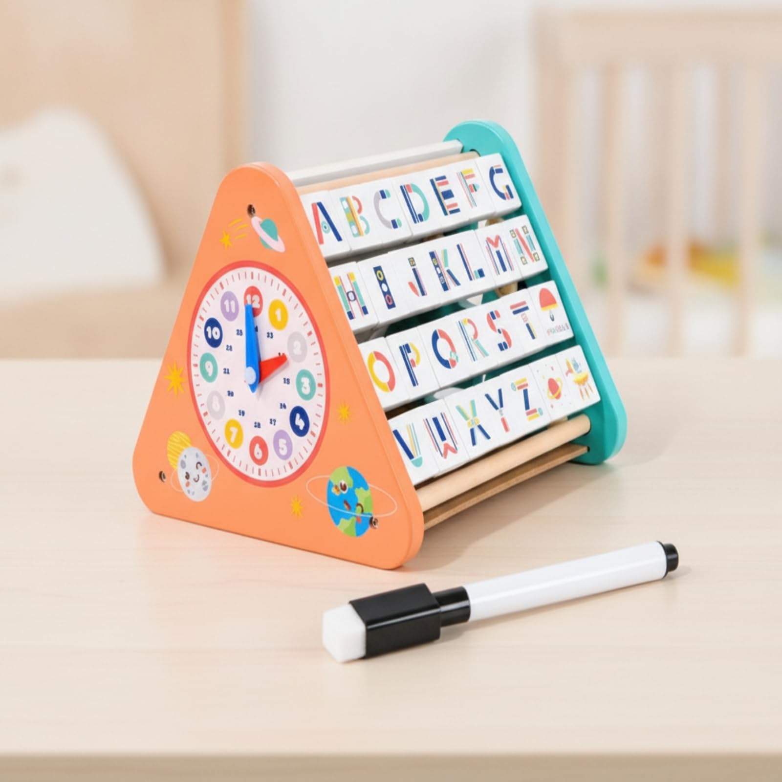 MagiDeal Reloj de Aprendizaje para Niños Tablero Educativo Abaco Pizarra Marcadores Letras Madera Multifunción con Agujas Ajustables y Base Triangular Adecuado para Aula Hogar Viajes