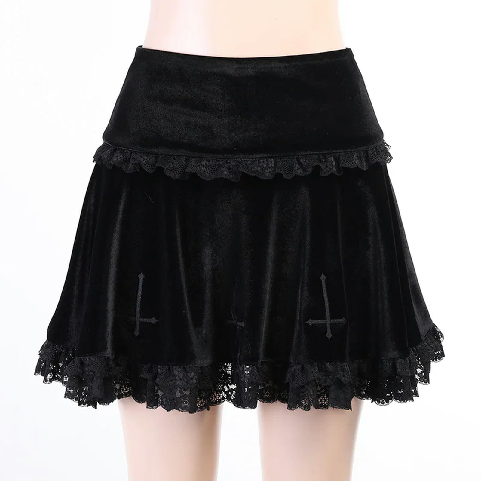 Gonna Plissettata in Pizzo Gotico da Donna, estetica Punk, Vita Alta, Gonna Corta a Trapezio, Stile Anni '90, Harajuku Streetwear-Nero-L