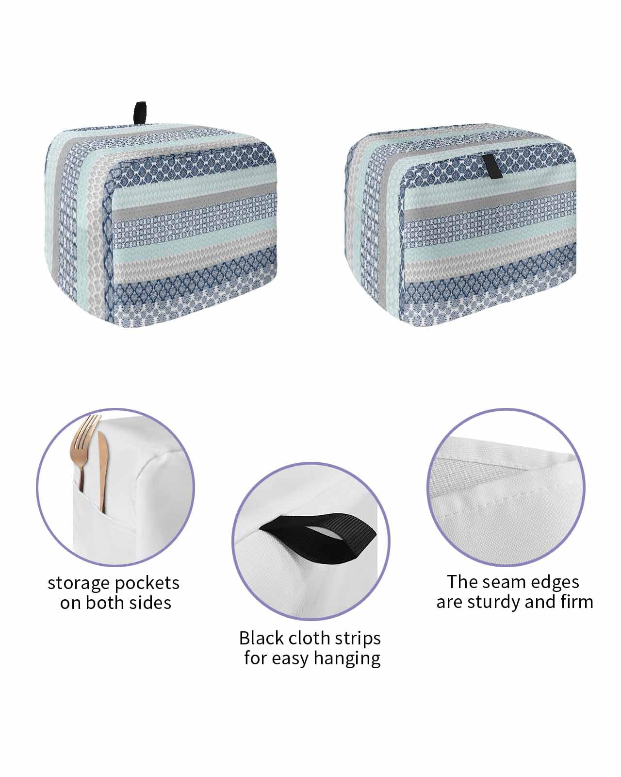 Boho Blue Aqua Toaster Cover 2 Slice, Geometric Stripes Tribal Bohemia Retro Dustproof Bread Machine Oven Cover with Storage Pockets, Fits Most Kitchen Toasters Protector