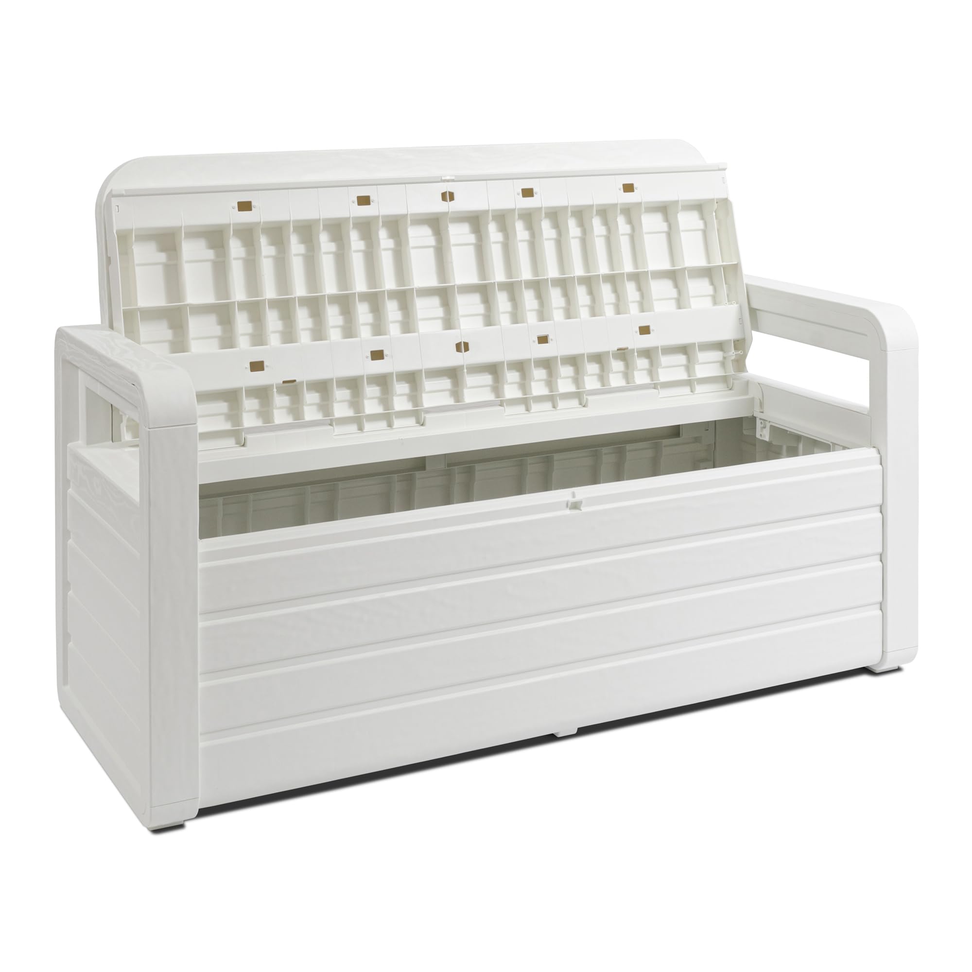 Toomax - Baúl Foreverspring con asiento para 2 personas y compartimento interior de 270 litros, fabricado con resina de efecto madera, 132,5 x 58 x 89 cm, art. 599, color blanco.