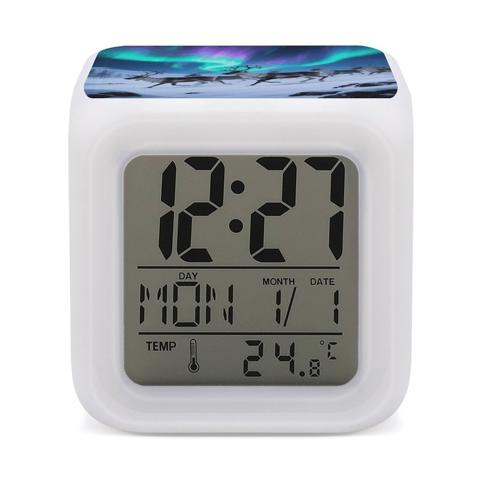 7 Color Ambient Night Light Cube Battery Operated Reindeer Under Aurora Digital Clock with Snooze Temperature LED Digital Alarm Clocks Dimmable Wake Up Light Portable Mood Lamp for Bedroom Desk Gift
