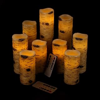 Vinkor Flameless Candles Battery Operated Candles Birch Bark Effect 4" 5" 6" 7" 8" 9" Set of 9 Real Wax Pillar LED Candles with 10-Key Remote Control 2/4/6/8 Hours Timer