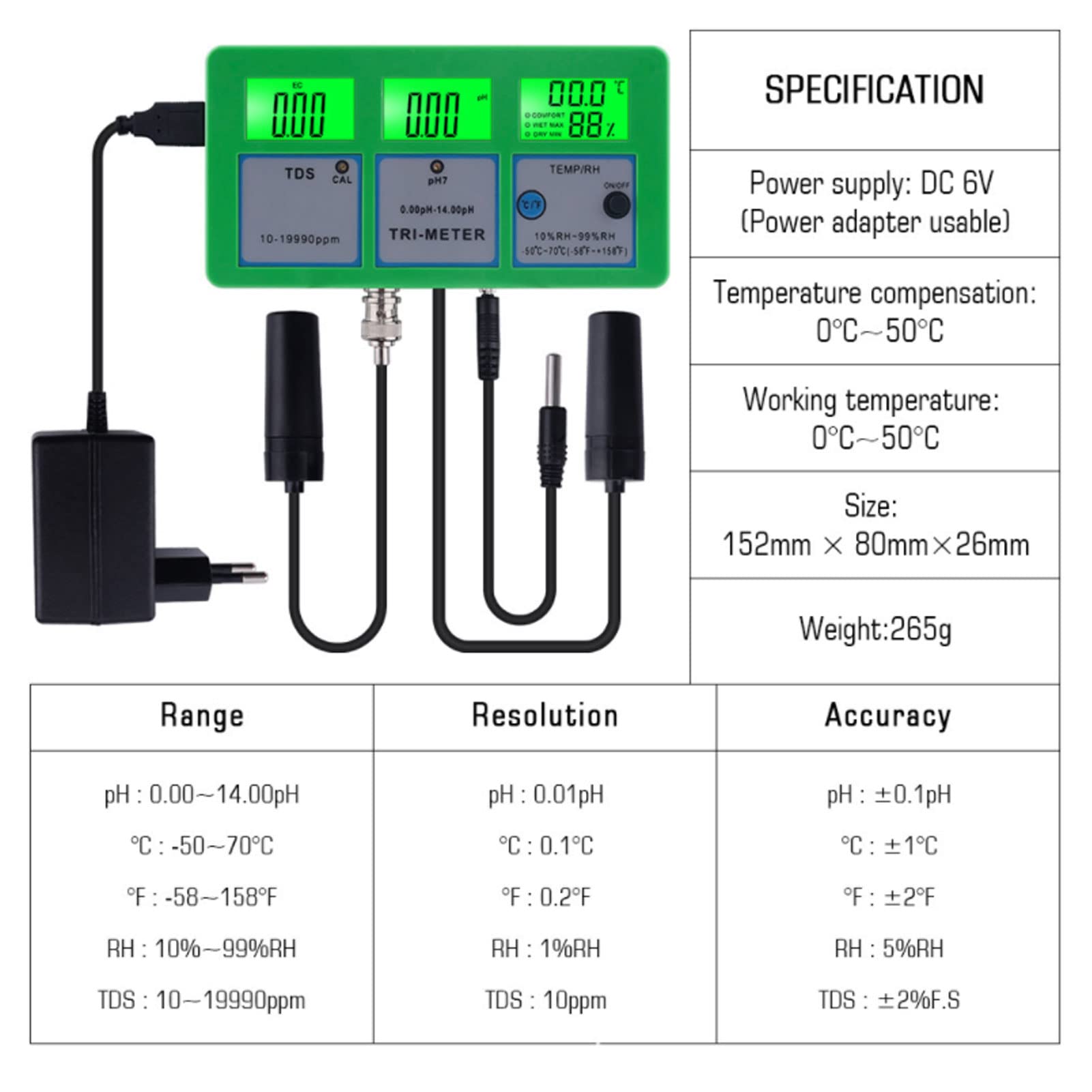 Chrees Monitor de Calidad del Agua EC PH Tester Medidor Conductividad PH Temperatura Humedad Medidor LCD Retroiluminación Pantalla Digital de 3 Pantallas con Monitoreo en Línea pa