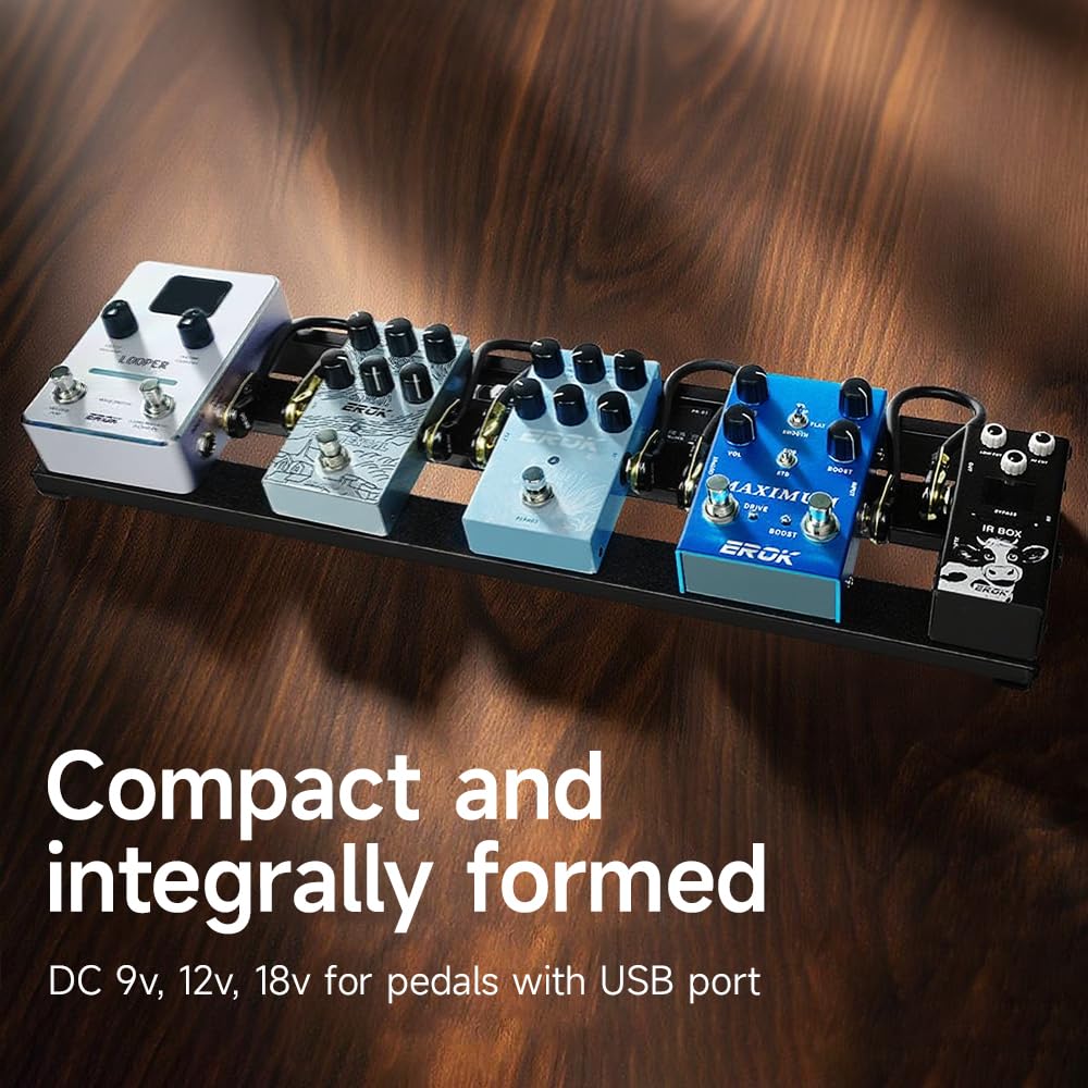 EROK Gitarren-Pedalboard, Pedalboard mit integriertem Netzteil, 48,3 x 13 x 4,6 cm, 0,9 kg, Aluminium-Legierung mit Kabeln, Tasche, selbstklebendes Hakenband für Pedal