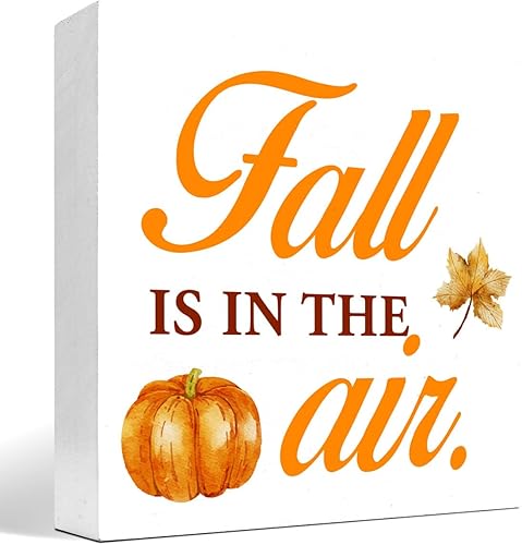 Decoración de mesa de otoño, letreros de placa de madera de otoño con texto en inglés "Fall in the Air", caja de madera rústica de otoño, decoración