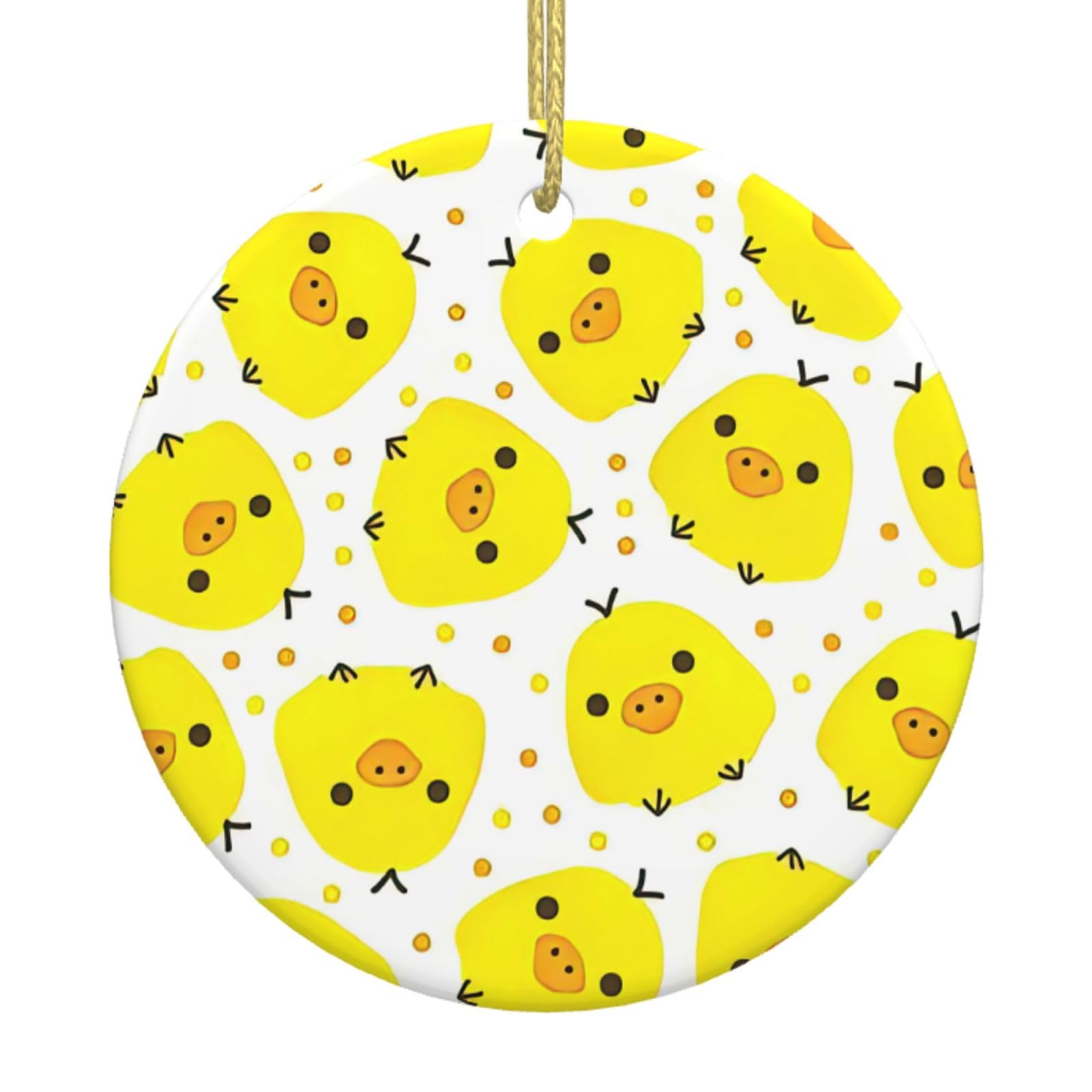 Yellow Chicken Print Christmas Ornaments, Ceramic Hanging Ornament, Round Shape Decorations