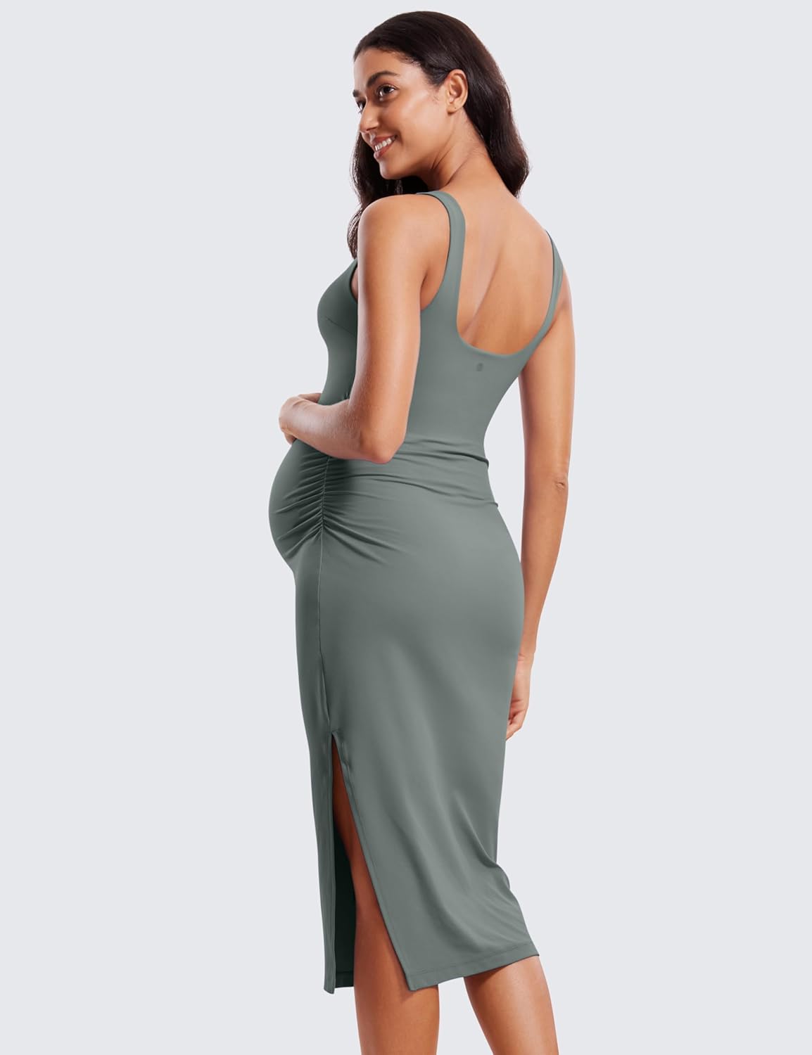 CRZ YOGA Butterluxe Maternity Square Neck Midi Dress - Split Ruched Tanks Womens Pregnancy Bodycon Casual Baby Shower - Image 2