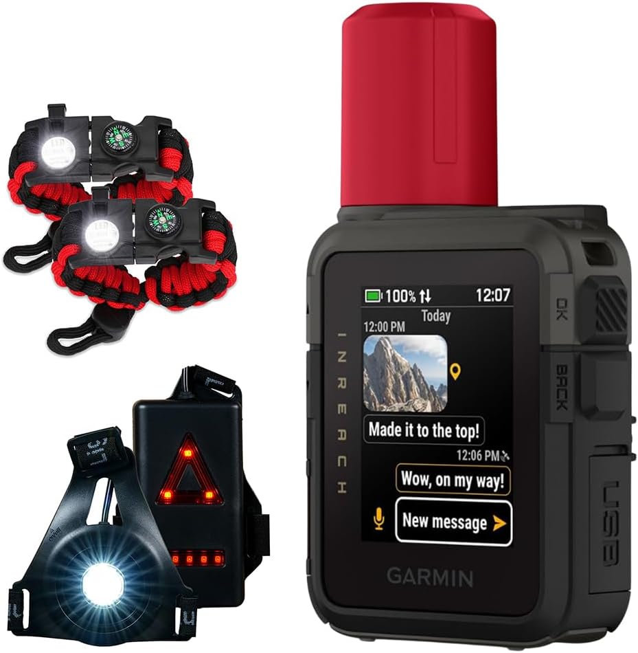 Garmin inReach Mini 3 Plus, Rugged Global Satellite Communicator with Touchscreen 010-03387-10 Bundle with Deco Essentials 2-Pack Emergency Paracord Bracelet and Wearable Front & Rear Safety Light
