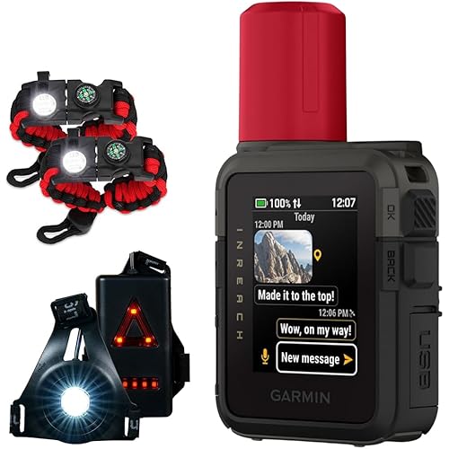 Garmin inReach Mini 3 Plus, Rugged Global Satellite Communicator with Touchscreen 010-03387-10 Bundle with Deco Essentials 2-Pack Emergency Paracord Bracelet and Wearable Front & Rear Safety Light
