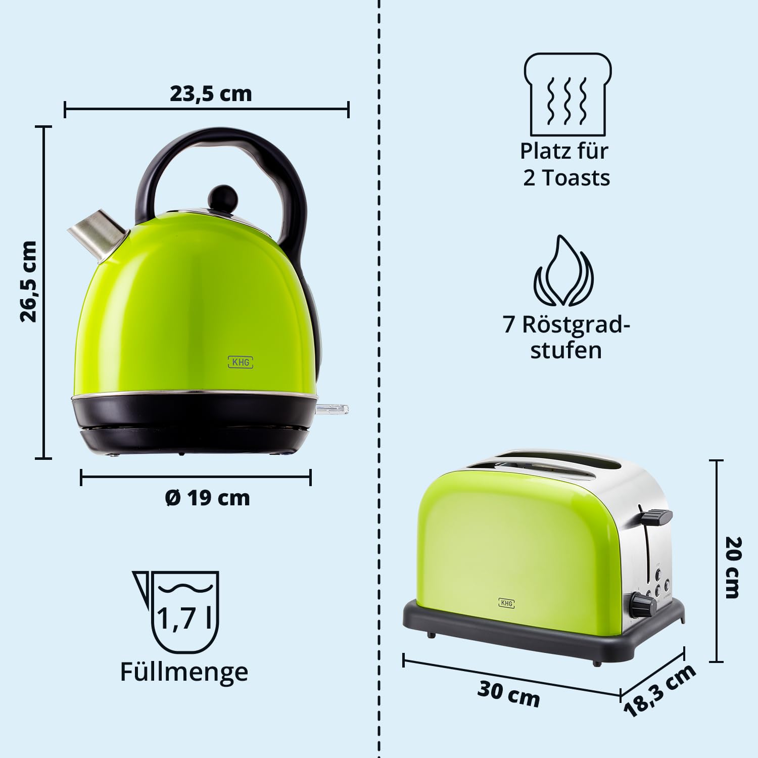 KHG Retro Frühstücksset 2-teilig Toaster 2 Scheiben 850W Wasserkocher 1,7L 2200W Lime Grün