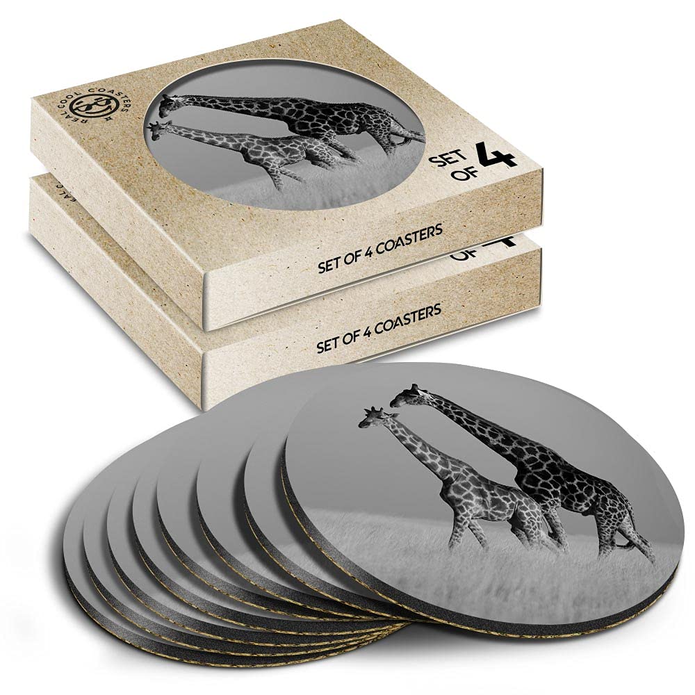 8 x Eco Boxed Cork Coasters - BW - Group of Giraffes Wild African Animal Drink Cup Mug Glass Table Mat #42939