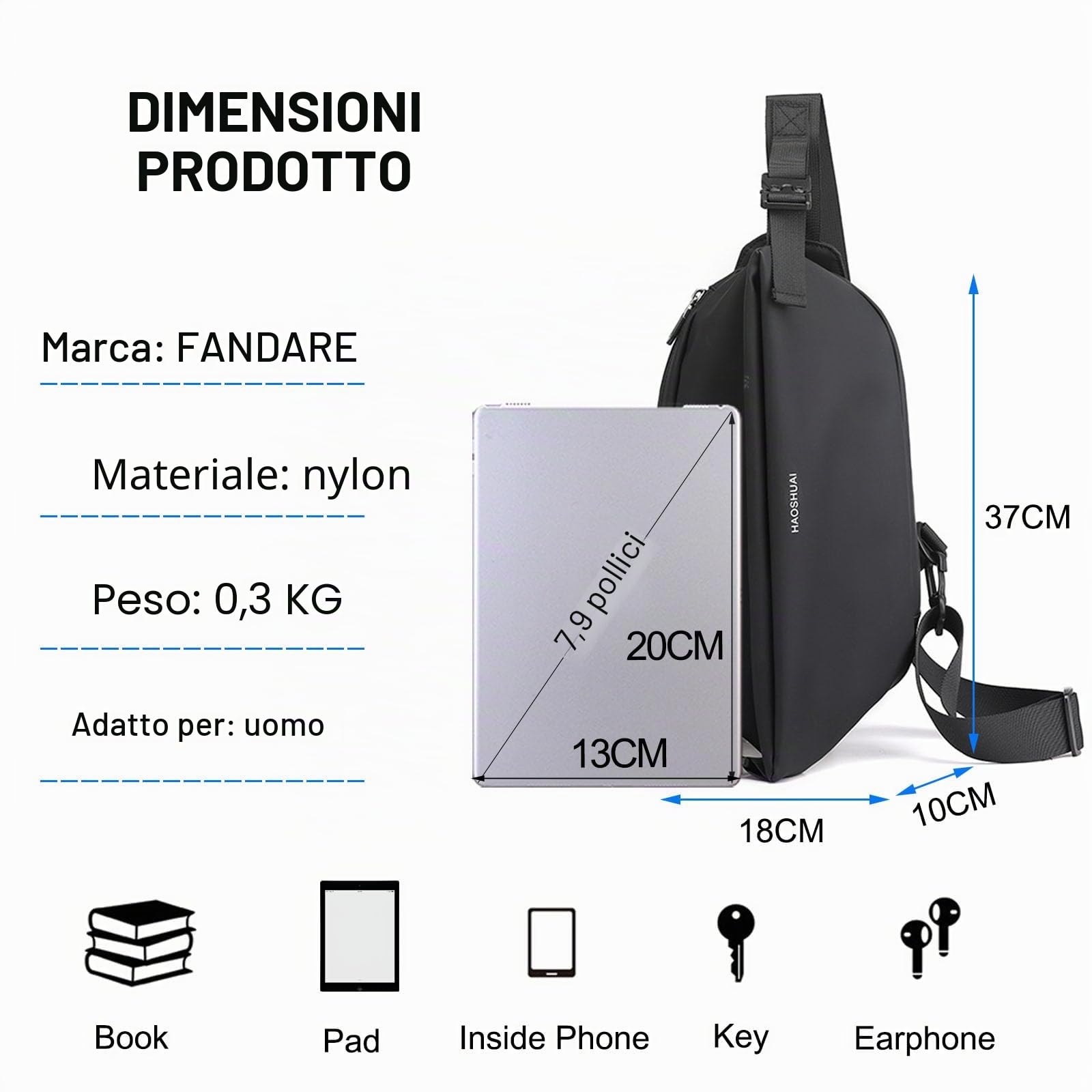 FANDARE Zaino Monospalla Borsello Uomo Tracolla Borsa Monospalla Borsa a Tracolla da Uomo borsa marsupio Borsa a Spalla Sling Bag Zaino Leggero per Uso Quotidiano Lavoro Trekking Viaggio Nero