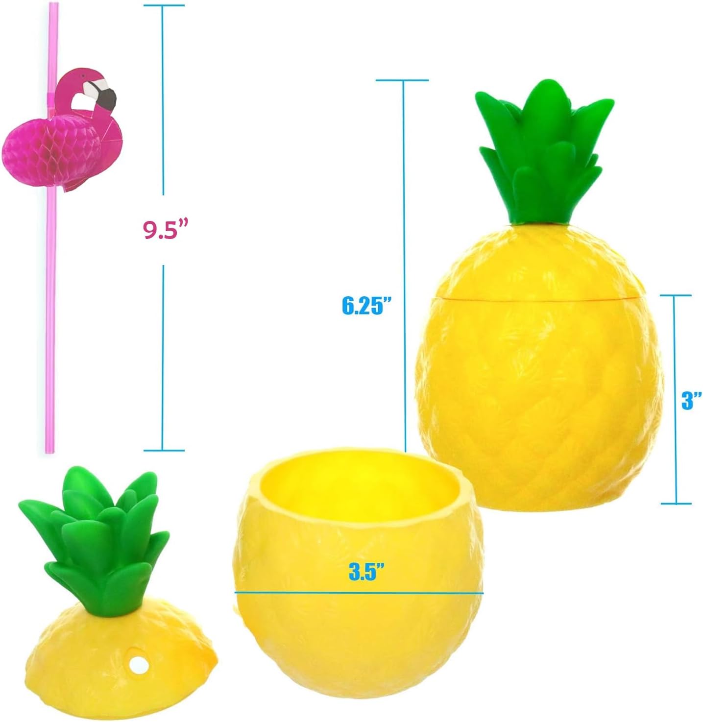GiftExpress 12-pack Plastic Pineapple Cups with Flamingo Straws, Hawaiian Party Cups Luau Aloha Party Favor - Image 3