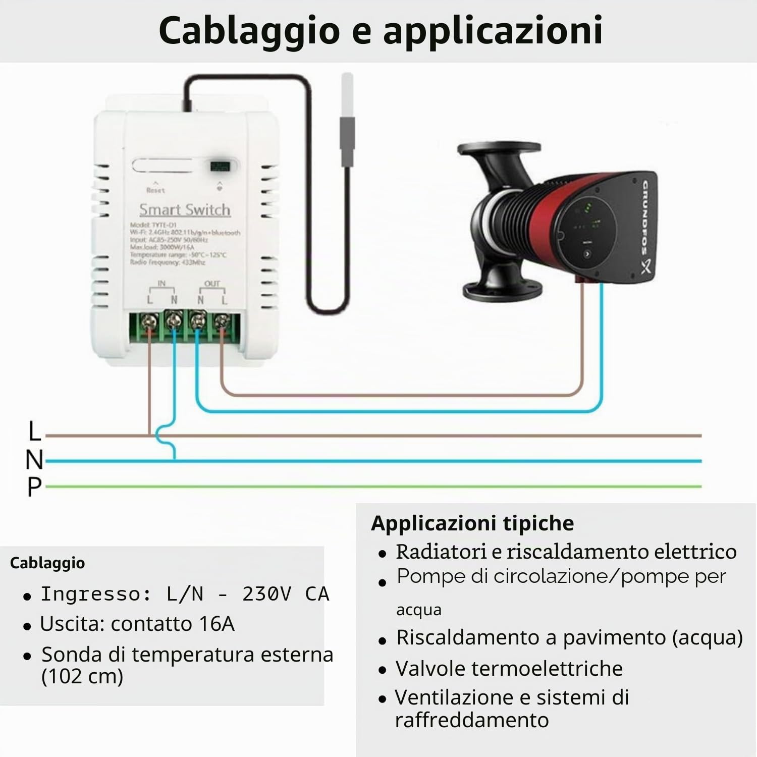 Sone Smart One Relè Termostato WiFi 16A Tuya Sonda 102 cm | 85-250v ac, riscaldamento pompa scaldabagno, 3600w, rf433, 2,4ghz
