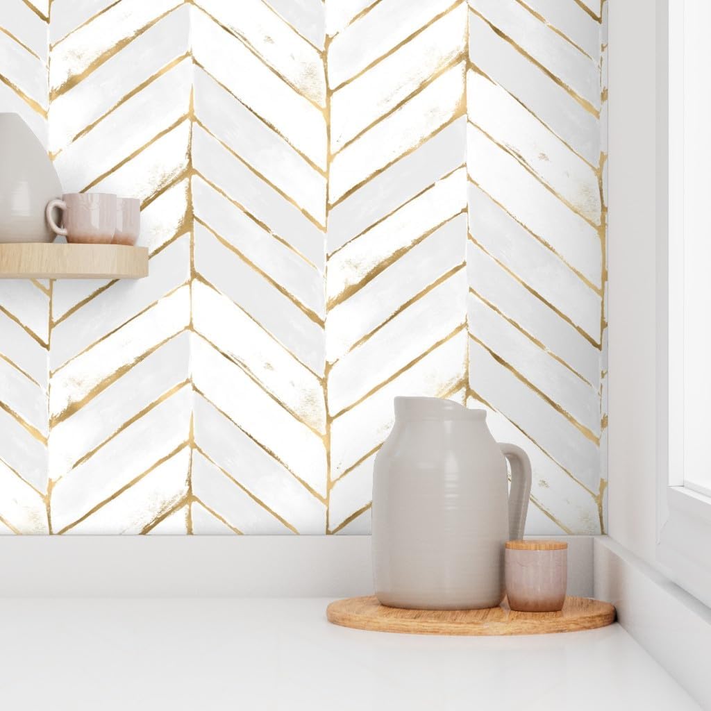 Spoonflower Peel & Stick Wallpaper 6ft x 2ft - Chevron Painted Farmhouse Yellow Gray Herringbone Custom Removable Wallpaper