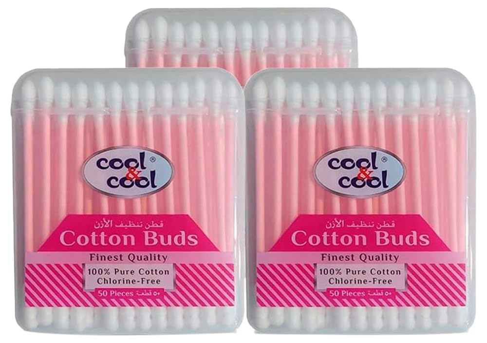 Cool & Cool Paper Ear Buds - 50's (Pack of 3) - Pink - Round Thick Tips,Cotton Swabs,100% Cotton,Double Tipped,Hygienic,Gentle & Safe Swabs for Ears - 150 Pieces