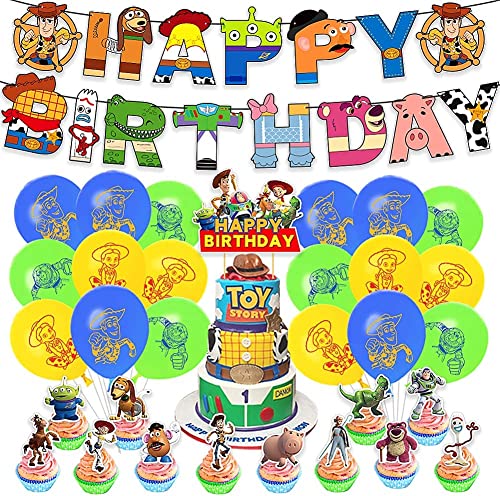 32 PCS Fournitures Fête, Toy Story D'anniversaire Décoration Set Happy Birthday Bannière Décoration Gâteau Ballon en Latex Convient pour Les Fêtes D'enfants, Noël et Autres Activités Cover