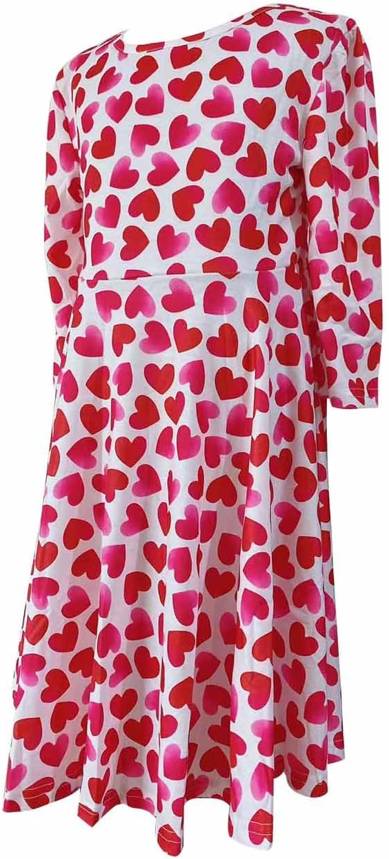 Girl Valentine Dress Kids Toddler Little Tween Love Heart Holiday 3/4 Long Sleeve Twirl Skater Dresses,6-12 Years - Image 4