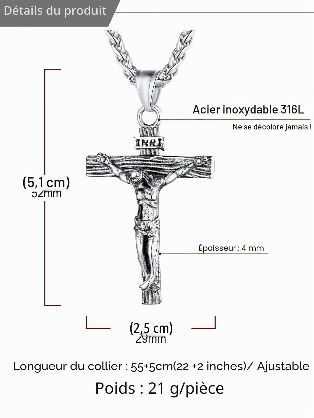 U7 Chaine Collier Croix INRI, Pendentif Croix Jésus Chrétienne Homme Acier Inoxydable, Ras de Cou Pendentif Jésus Croix,Chaîne pour homme Crucifix