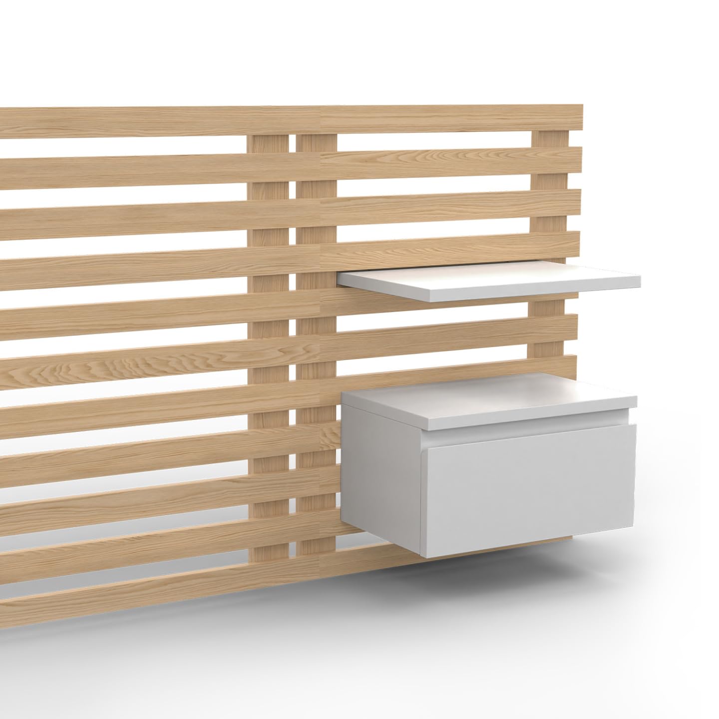 IDMarket - Cabecero de lamas AVA con mesillas colgantes 240 CM madera clara y blanco