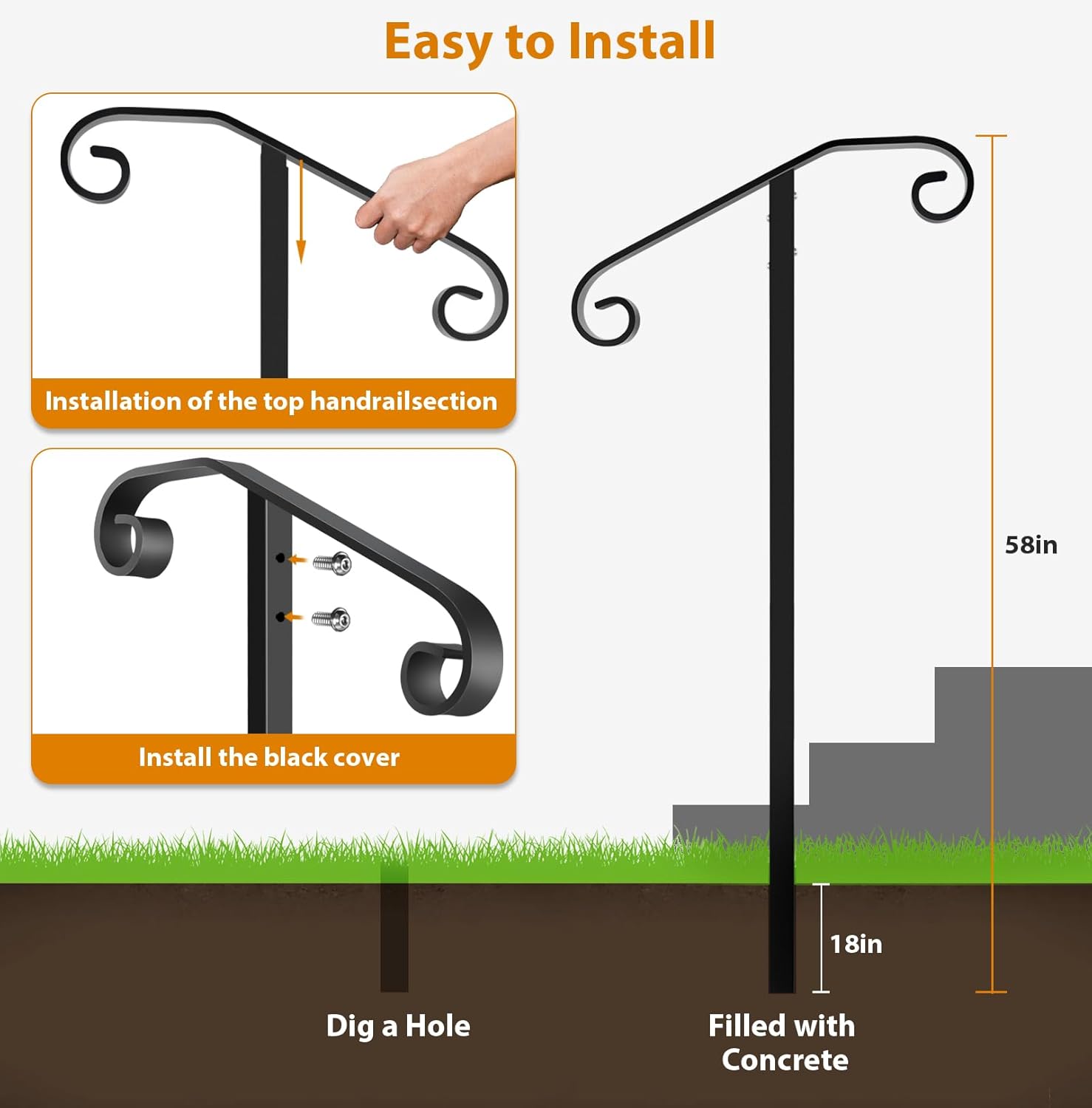 Handrail Railing, In-Ground Single Post Handrail, Wrought Iron Stair Handrail Grab Rail for Steps Porch, Long Post Fits 1 or 2 Steps, Black