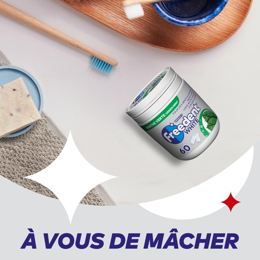 FREEDENT WHITE Chewing Gum Sans Sucre Goût Menthe Verte 1 Boîte 60 Dragées Grand Format