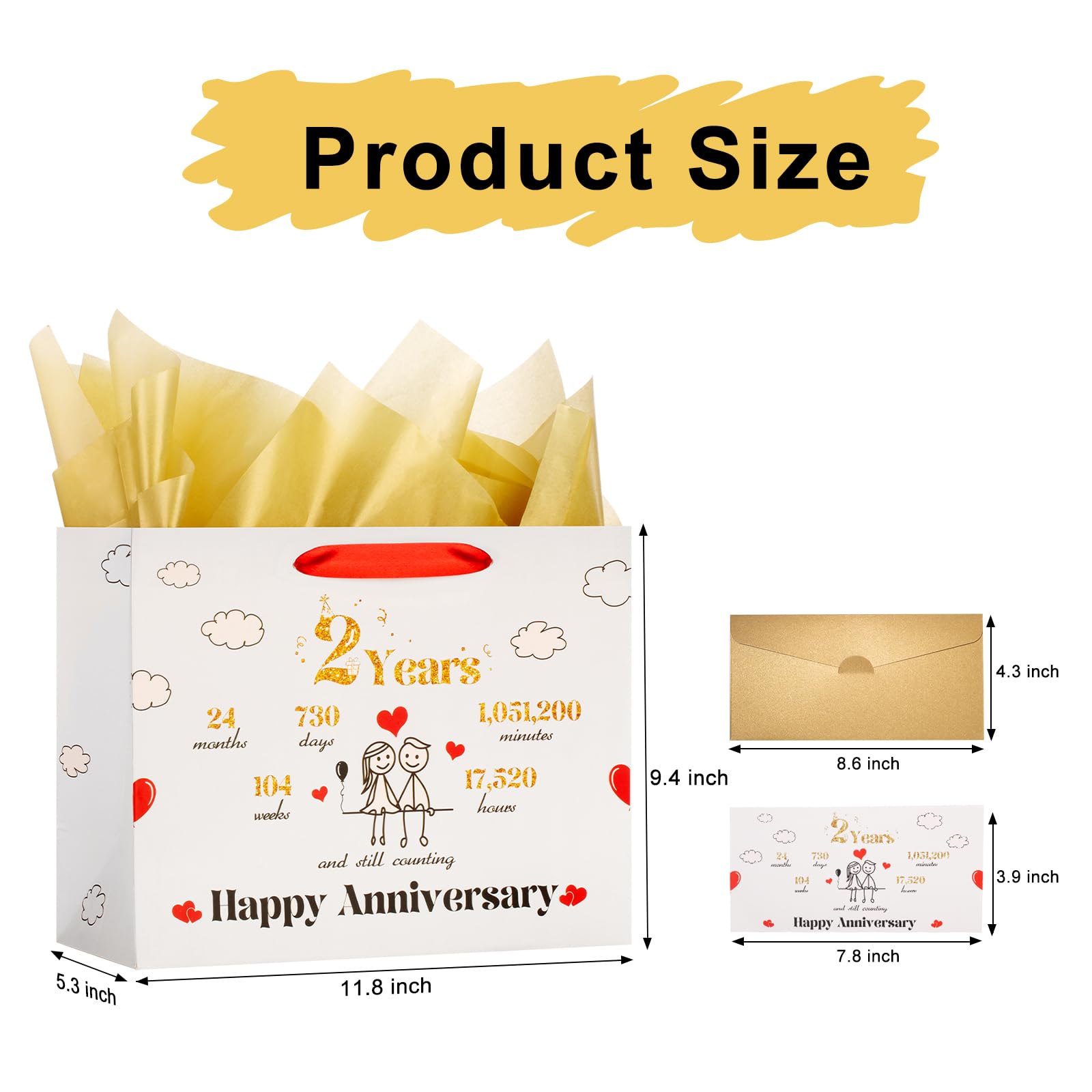 bigniuzi 2nd Anniversary Paper Gift Bag with Tissue Paper and Greeting Card 2 Year Anniversary Paper Gift Bag for Him Her Husband Wife Boyfriend Girlfriend