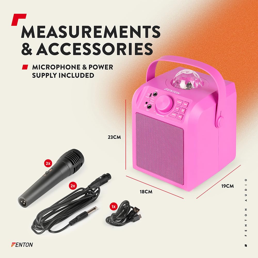 Fenton KAR55P – Musikbox Kinder Karaoke Anlage mit 2 Mikrofonen, Jelly Ball LED-Discolicht, Bluetooth, 10 Std. Akku, 50 Watt Leistung, AUX-Anschluss, Portable Karaoke Maschine Kinder in Pink
