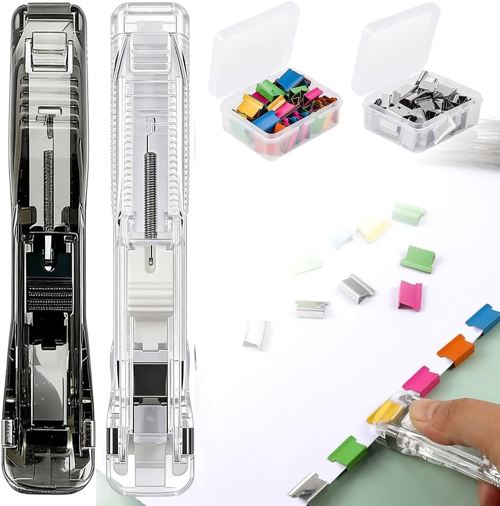 2026 Neue 2 Stück Reusable Creative Stapler,Klammerloses Heftgerät,mit 100 Stück Wiederverwendbare Heftklammern,Hefter,Push Clamp Stapler Holder,Reusable Creative Mini Push Hefter Set (B)