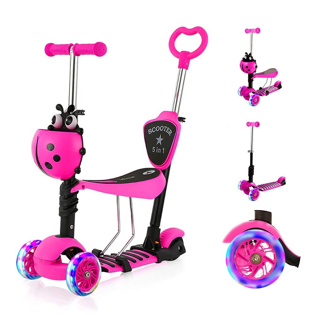 YOLEO 5-in-1 Kinder Roller Scooter mit Abnehmbarer Karikaturkorb Sitz Schubstange Große Räder Bequeme Rückenlehne Höheverstellbare Lenker für Kleinkinder Jungen Mädchen ab 2 Jahre (Rosa)