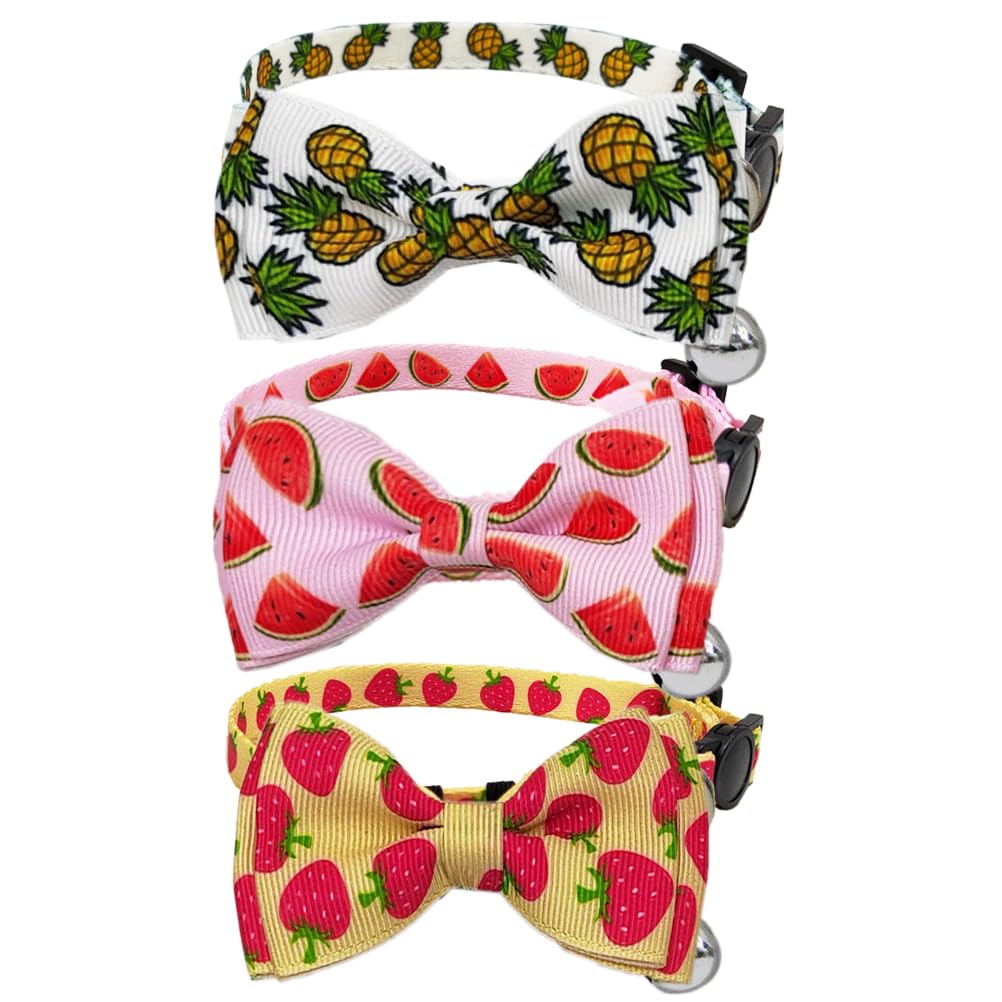 Fruit Cat Collar with Bow Tie and Bell 3 Pack Watermelon Strawberry and Pineapple Breakaway Bowtie Kitten Collars for Boys Girls Cats
