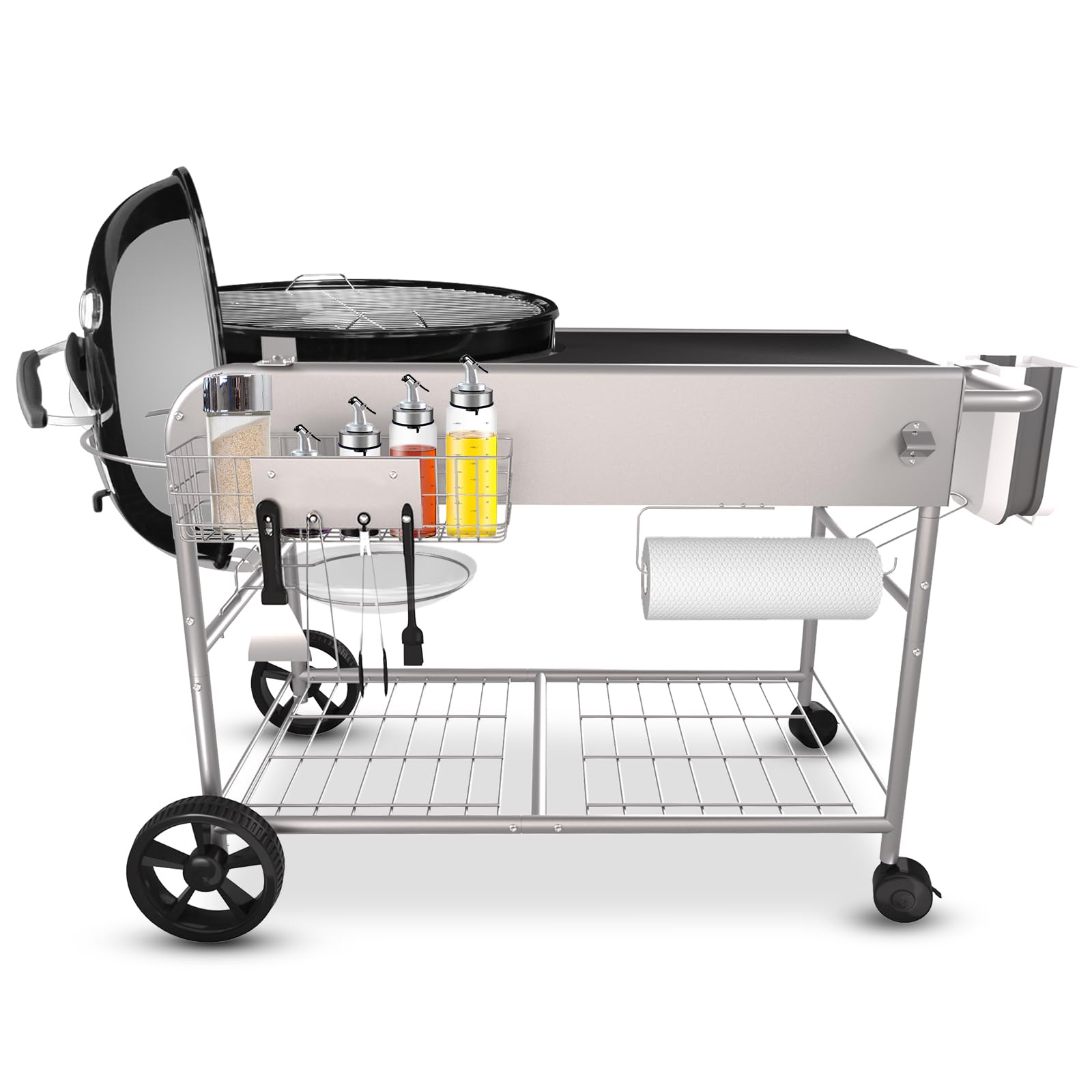 GFTIME Stół grillowy ze stali nierdzewnej do grilla Weber 47 cm i 57 cm, oryginalny Kettle, Premium, Master Touch, grill na węgiel drzewny Jumbo Joe, grill na węgiel drzewny Performer z uchwytem