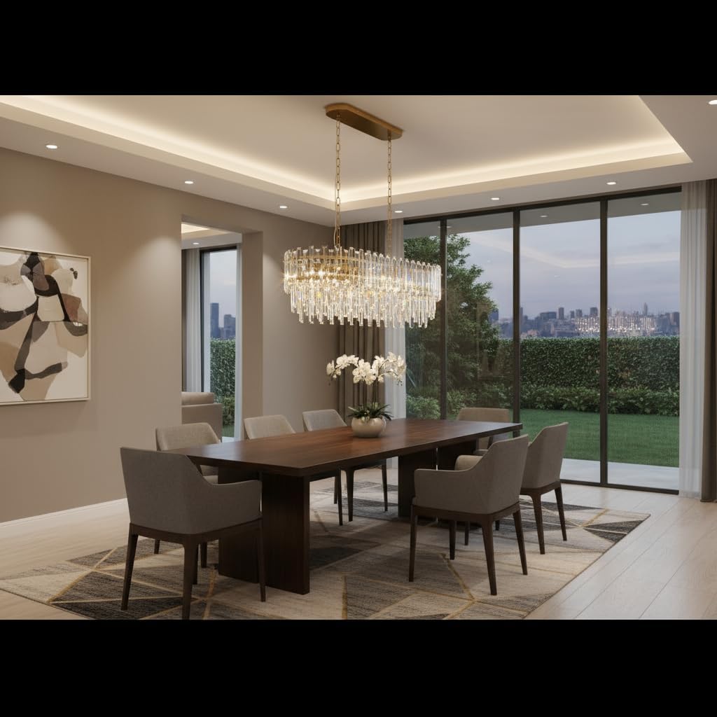 Modern Rectangular Crystal Chandelier Gold Finish Linear Pendant 10-Light Fixture for Dining Room Living Room Ceiling Lamp Contemporary Home Decor L37.4''