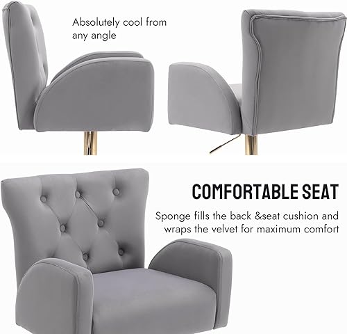 Miniatura 3 de LZAREAL Juego de 2 taburetes de bar ajustables de terciopelo dorado, moderno taburete giratorio tapizado con respaldo copetudo y base dorada para