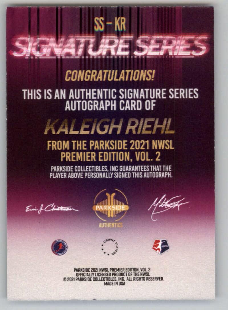 2021 Parkside NWSL Volume 2 Autographs Blue Ink #NNO Kaleigh Riehl Auto Autograph Racing Louisville FC Official National Womens Soccer League Trading Card in Raw (NM or Better) Condition