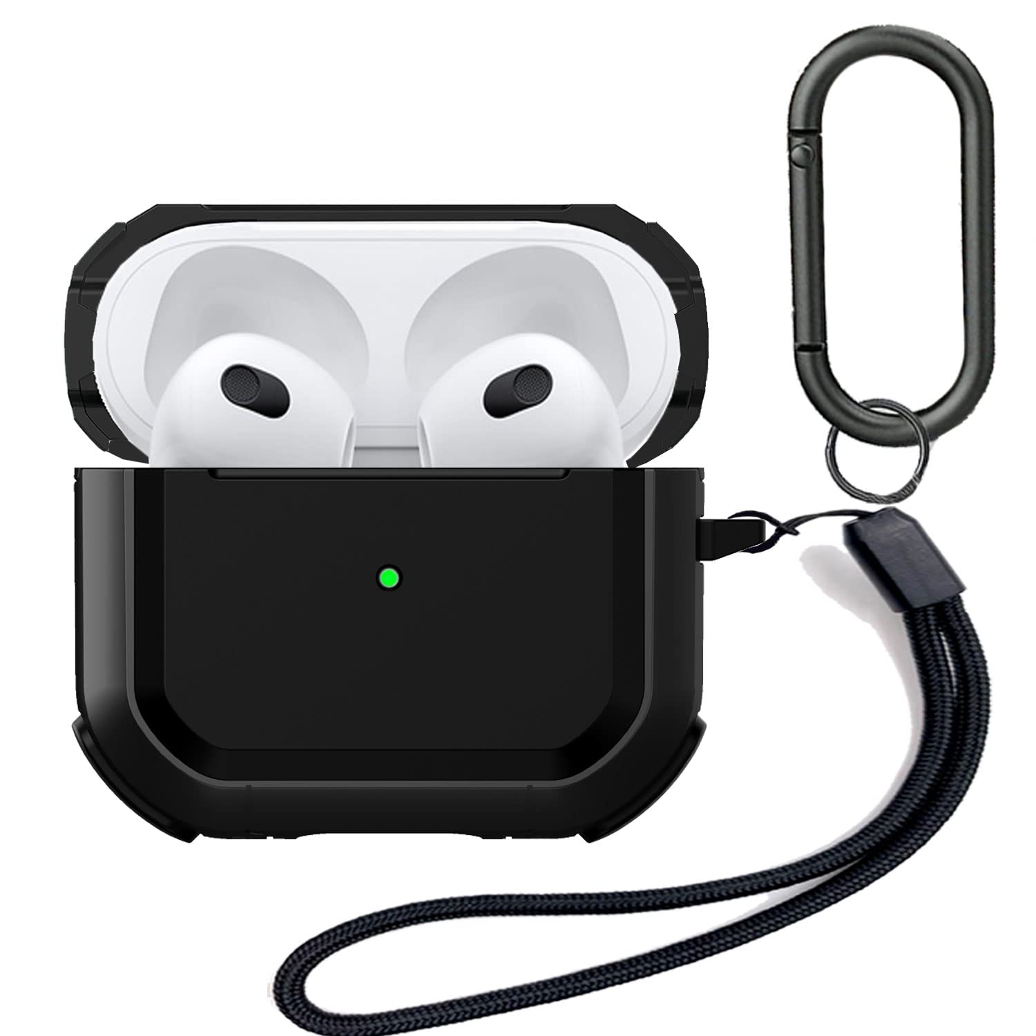 JIML Military AirPods3 Case Cover Front LED Visible Full-Body Hard Shell Protective Cover Case Skin with Keychain and Lanyard for AirPod 3 2021 (Black)